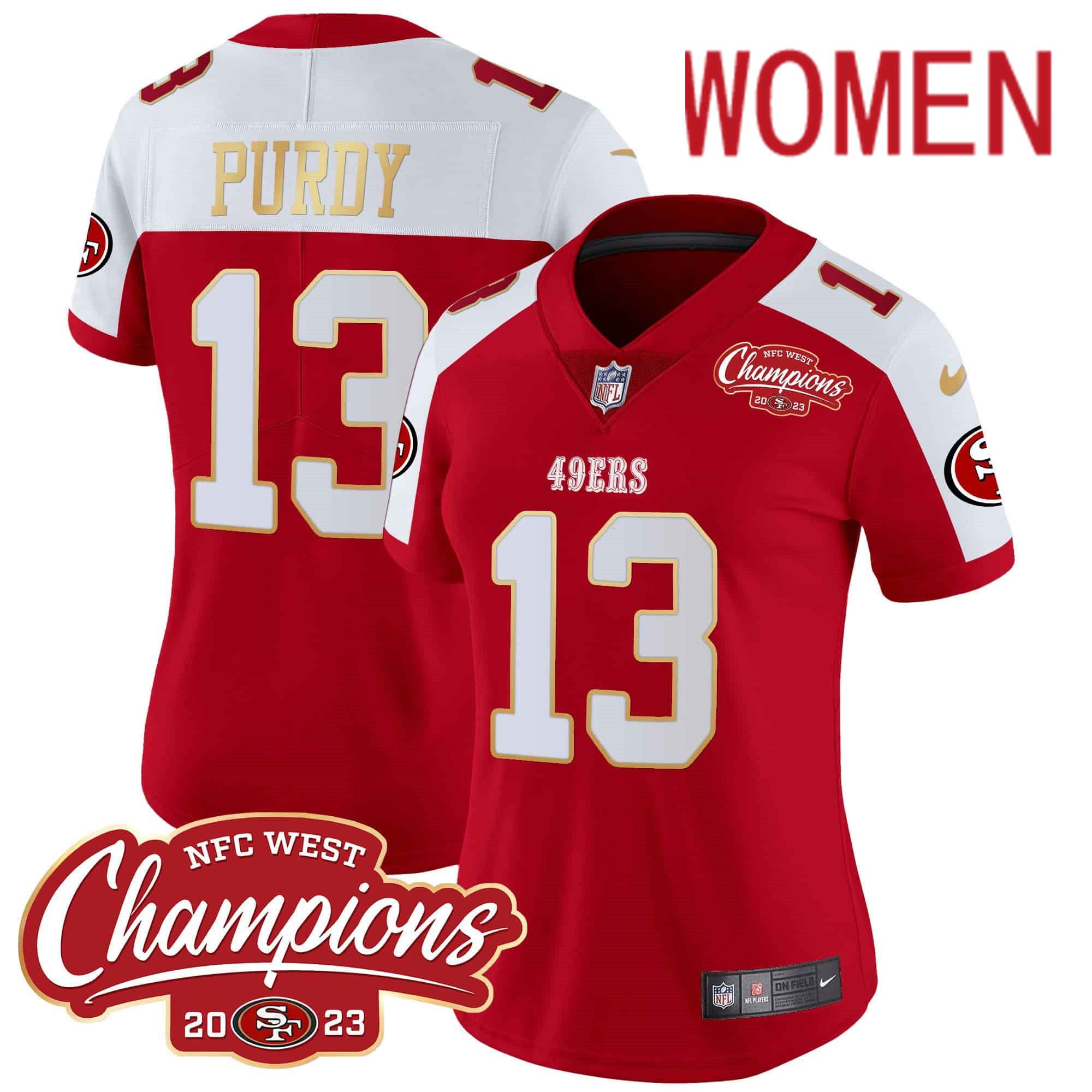 Women San Francisco 49ers 13 Purdy Red 2024 Nike NFC West Champions Gold Trim Vapor NFL Jersey